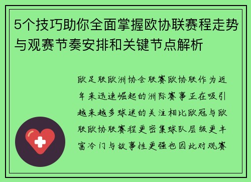 5个技巧助你全面掌握欧协联赛程走势与观赛节奏安排和关键节点解析 5个技巧助你全面掌握欧协联赛程走势与观赛节奏安排和关键节点解析