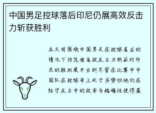 中国男足控球落后印尼仍展高效反击力斩获胜利