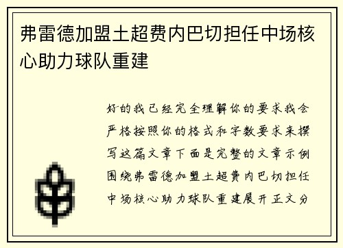 弗雷德加盟土超费内巴切担任中场核心助力球队重建